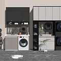 Modern Bathroom Cabinetry With Gray White Cabinets Washing Machine Dryer And Plants