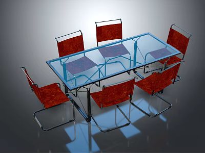 Modern Glass Top Dining Table Set With Six Red Chairs And Metal Legs 3d model