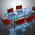 Modern Glass Top Dining Table Set With Six Red Chairs And Metal Legs