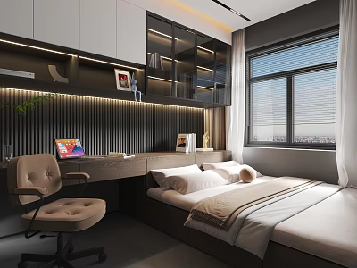 Modern Tatami Bedroom Interior With Desk Chair Built in Bookshelves And Window 3d model