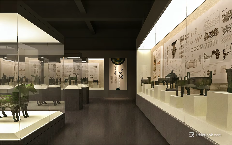 Well Lit Museum Exhibition Hall With Glass Display Cases Bronze Artifacts And Wall Descriptions 3d model 