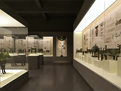 Well Lit Museum Exhibition Hall With Glass Display Cases Bronze Artifacts And Wall Descriptions 3d model