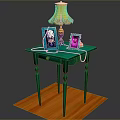Decorative Green Table With Yellow Lamp Photo Frames On Orange Rug
