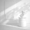 Stylish Side Table With White Sculpture And White Wall In Room With Wooden Floor
