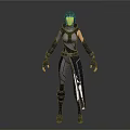 Hooded Female Game Character In Black Gray Tight Suit With Armored Details And Combat Gear