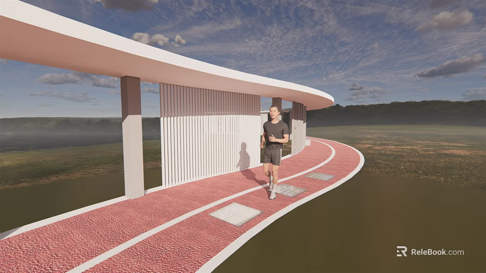 Outdoor Running Track With Red Surface And White Covered Shelter Structure 3d model