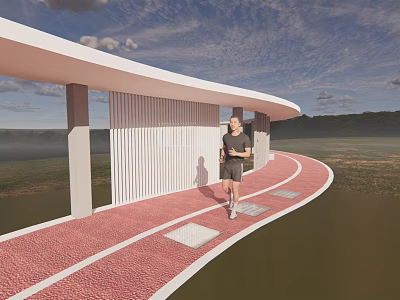 Outdoor Running Track With Red Surface And White Covered Shelter Structure 3d model
