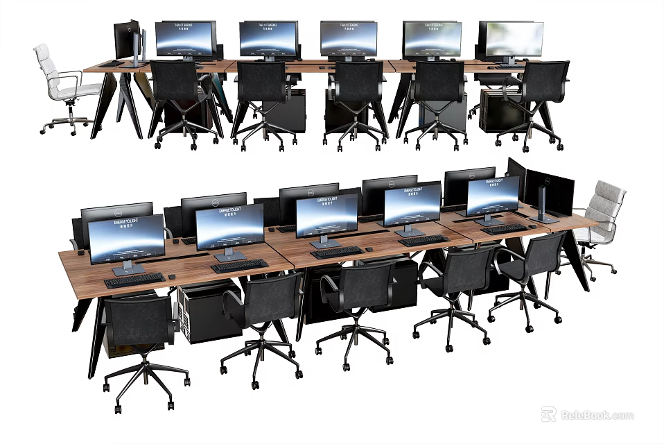 Modern Office Desks Workspace With Multiple Computer Monitors And Black Chairs 3d model