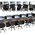 Modern Office Desks Workspace With Multiple Computer Monitors And Black Chairs 3d model