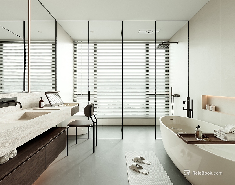 Modern Minimalist Bathroom Interior With Glass Shower Enclosure Freestanding Bathtub Wooden Vanity And Window Blinds 3d model 