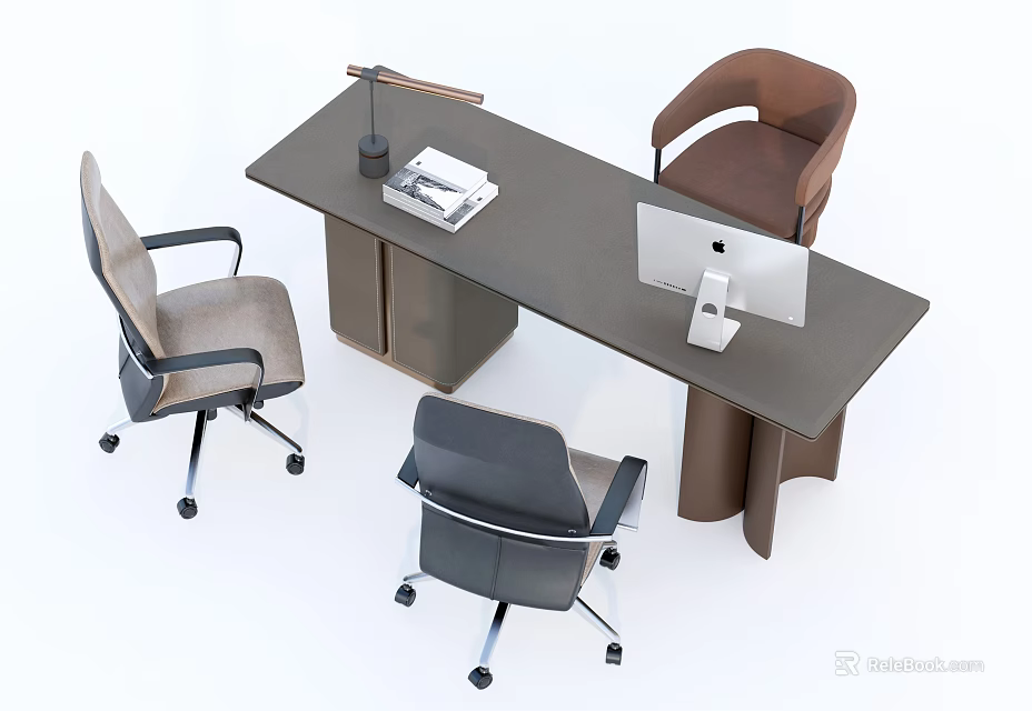 Modern Office Desk Setup With Ergonomic Chairs Computer Monitor And Desk Lamp 3d model 