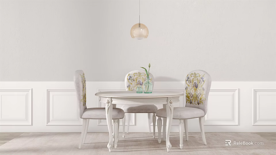 Elegant White Dining Table Set With Floral Chairs Hanging Lamp And Vase On Wainscoting Wall 3d model 