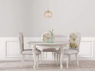 Elegant White Dining Table Set With Floral Chairs Hanging Lamp And Vase On Wainscoting Wall 3d model