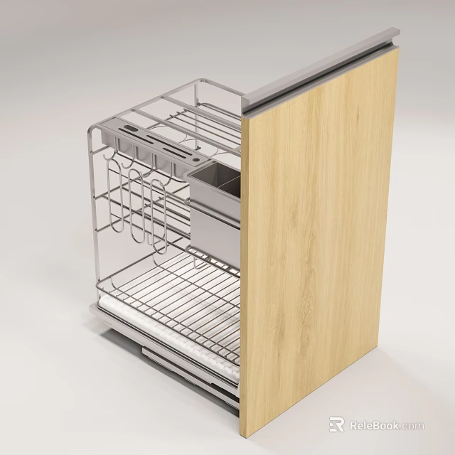 Modern Kitchen Cabinet With Wooden Door And Metal Pull Out Basket Shelves 3d model 