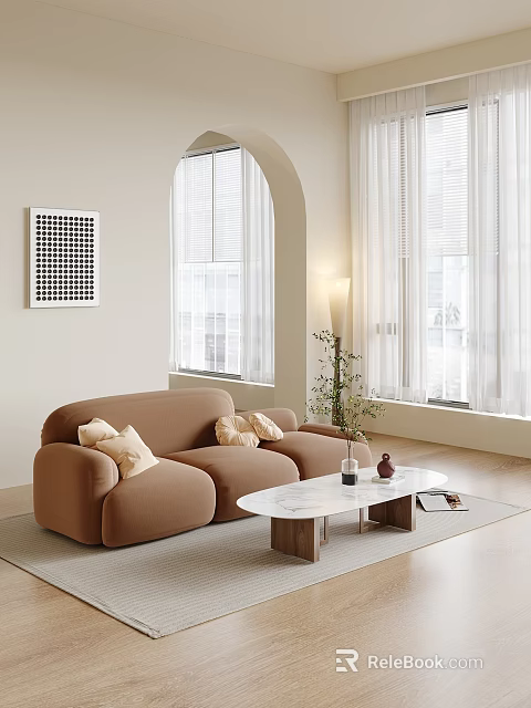 Modern Living Room Interior With Beige Walls Arched Windows Brown Sofa And Marble Coffee Table 3d model 