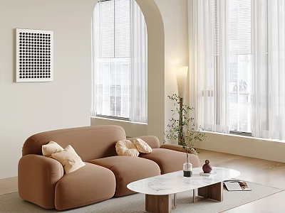 Modern Living Room Interior With Beige Walls Arched Windows Brown Sofa And Marble Coffee Table 3d model
