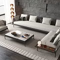 Modern Gray Sofa And Coffee Table Set With Multiple Cushions Stone Wall And Floor Lamp 3d model