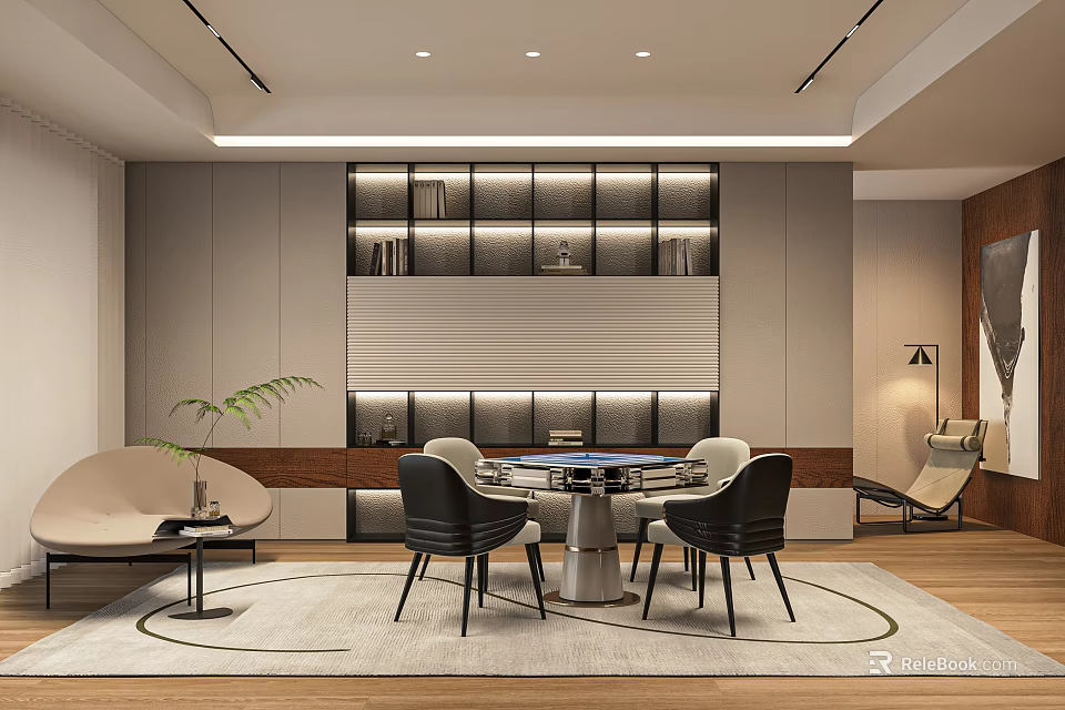 Modern Hotel Mahjong Room Interior With Comfortable Chairs Mahjong Table And Decorative Plant 3d model 