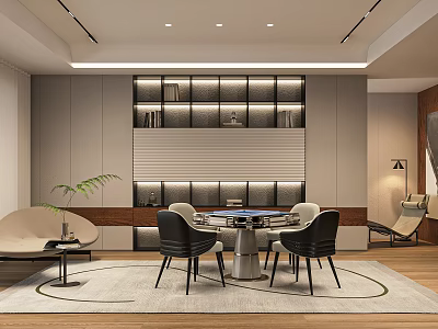 Modern Hotel Mahjong Room Interior With Comfortable Chairs Mahjong Table And Decorative Plant 3d model