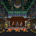Traditional Chinese Cultural Center Interior With Painted Ceiling Main Altar Wall Murals And Statues