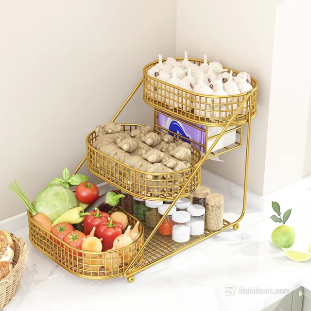 Gold Metal Kitchen Storage Rack With Baskets For Vegetables Spices Garlic And Ginger 3d model 