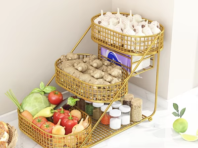 Gold Metal Kitchen Storage Rack With Baskets For Vegetables Spices Garlic And Ginger 3d model