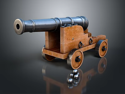 Vintage Cannon with Wooden Carriage Metal Barrel Wheels and Cannonballs on Reflective Surface 3d model