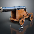 Vintage Cannon with Wooden Carriage Metal Barrel Wheels and Cannonballs on Reflective Surface