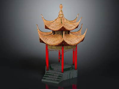 Traditional Chinese Pavilion With Multi Tiered Eaves Golden Decorations And Red Pillars 3d model
