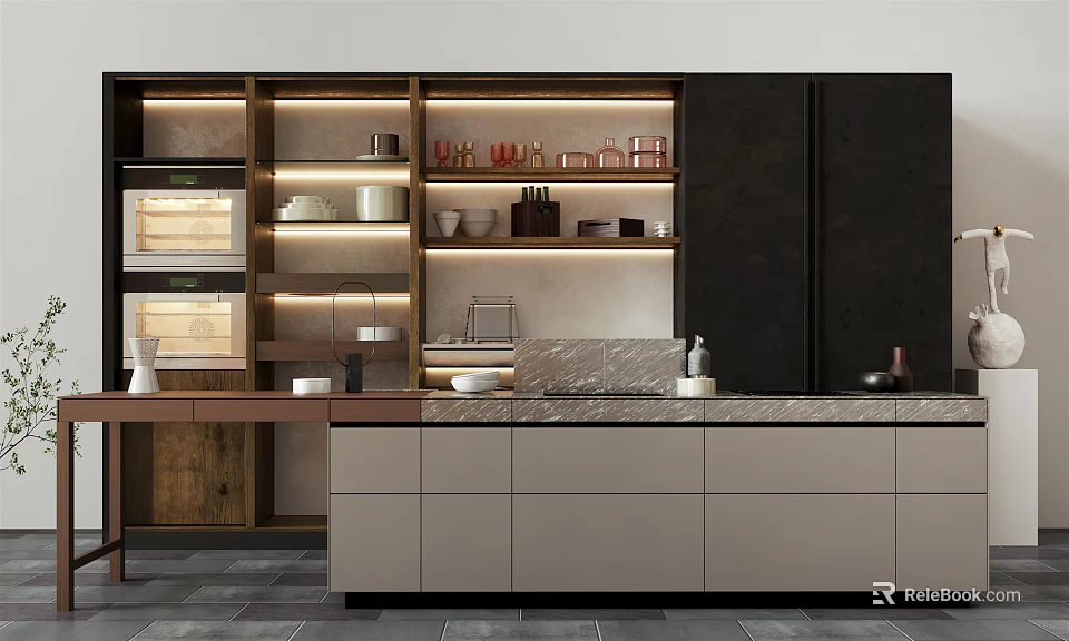 Modern Kitchen Design With Light Gray Cabinets Marble Countertop Open Shelving And Built in Appliances 3d model 