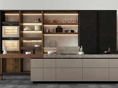 Modern Kitchen Design With Light Gray Cabinets Marble Countertop Open Shelving And Built in Appliances 3d model