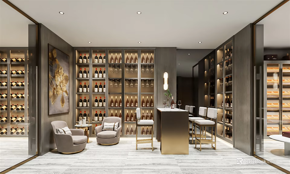 Luxury Bar Area Interior With Wine Racks Bottles Bar Stools Chairs And Decorative Painting 3d model 