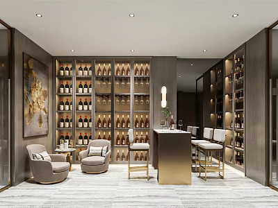 Luxury Bar Area Interior With Wine Racks Bottles Bar Stools Chairs And Decorative Painting 3d model