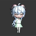 Cute Chibi Cartoon Character With Blue Hair Pigtails Red Bow White Top Green Plaid Skirt