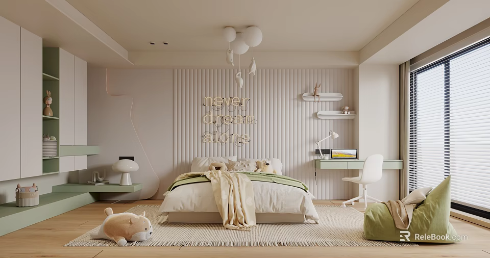Cozy Children's Room Interior With Never Stop Dreaming Quote Bed Balloon Decor And Desk 3d model 