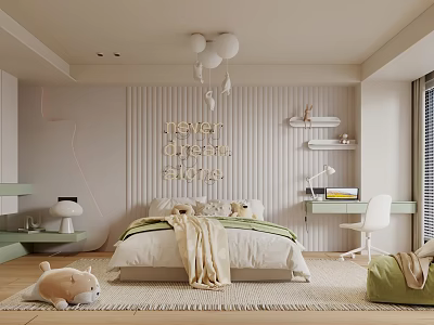 Cozy Children's Room Interior With Never Stop Dreaming Quote Bed Balloon Decor And Desk 3d model