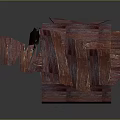 Abstract Wooden Structure With Red Layered Planks And Irregular Roof Design