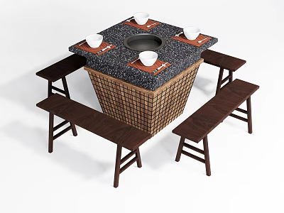Square Stone Top Dining Table Set With Fire Pit Center And Wooden Benches 3d model