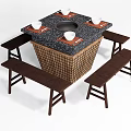 Square Stone Top Dining Table Set With Fire Pit Center And Wooden Benches