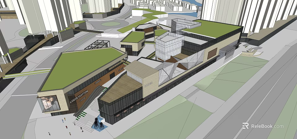 Modern Urban Commercial Complex With Green Roofs Open Spaces And Pedestrian Areas 3d model 