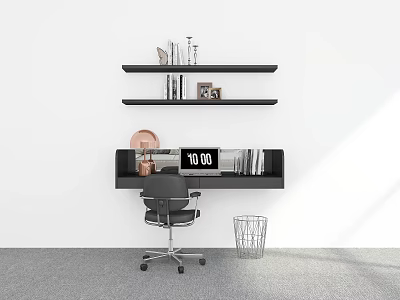 Modern Black Desk With Wall Shelves Office Chair Clock Books And Trash Bin 3d model