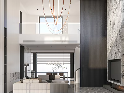 Modern Duplex Living Room Interior Design With Double Height Ceiling Chandelier And Marble Wall 3d model