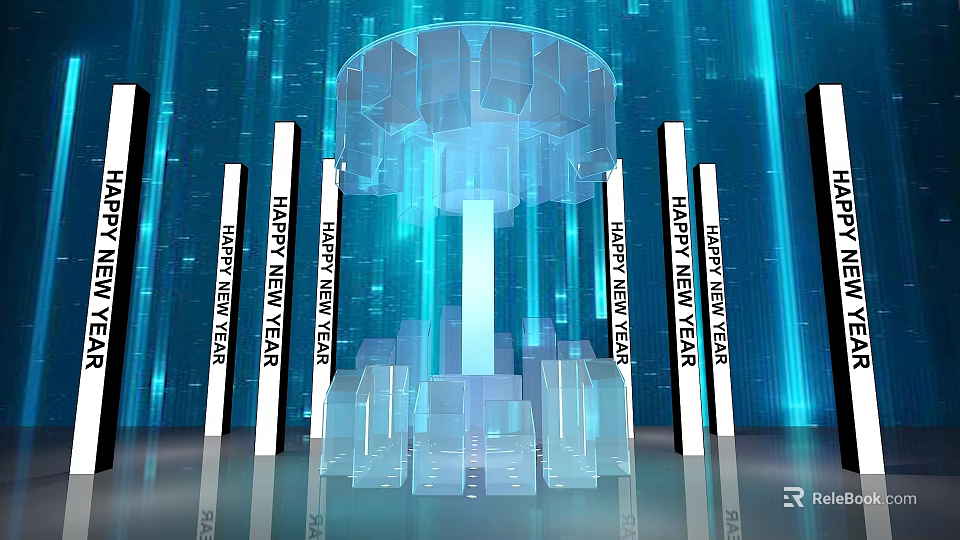 Happy New Year Themed Digital Art With Transparent Tower And Blue Background 3d model 