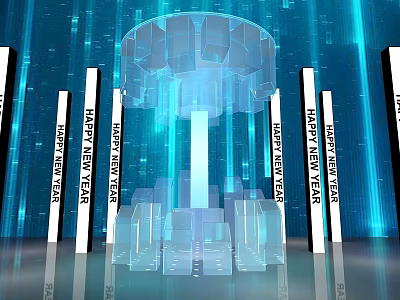 Happy New Year Themed Digital Art With Transparent Tower And Blue Background 3d model