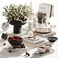 Modern Tabletop Decorative Ornament Set With Marble Glass Candle Cherry Books And Flowers