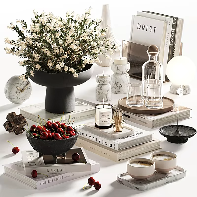 Modern Tabletop Decorative Ornament Set With Marble Glass Candle Cherry Books And Flowers 3d model