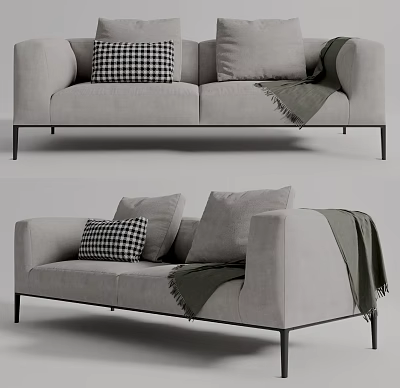 Light Grey Two Seater Sofa With Black Checkered Pillow Green Throw Blanket Black Metal Legs 3d model