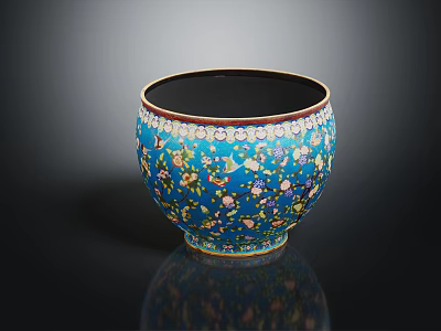 Blue Ceramic Bowl With Floral Bird Patterns As Decorative Accent For Home Furniture 3d model