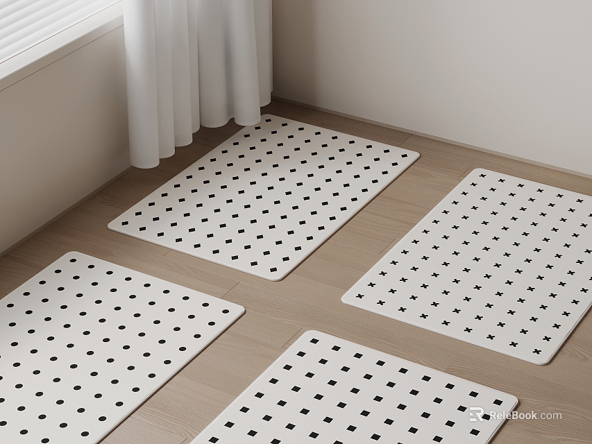 White Square Rugs with Black Dots Laying on Wooden Floor Near Window 3d model 