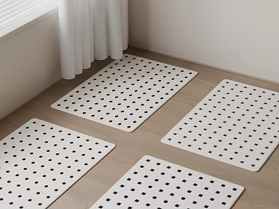 White Square Rugs with Black Dots Laying on Wooden Floor Near Window 3d model
